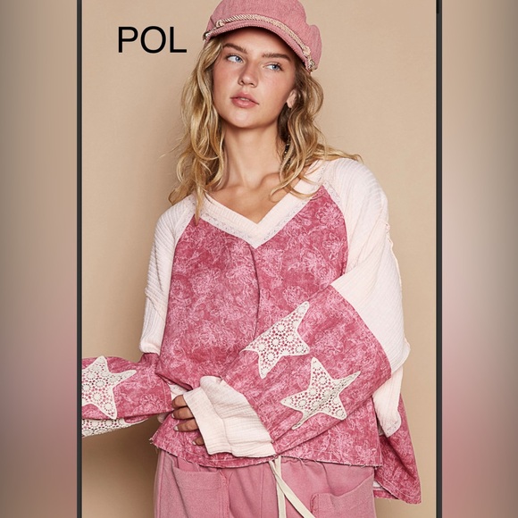POL Tops - 41. NWT POL Pink and Cream V-neck Sweatshirt w/Star Details!💕